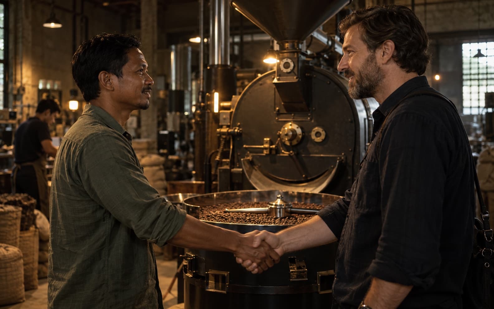 Coffee partners meeting in a roastery