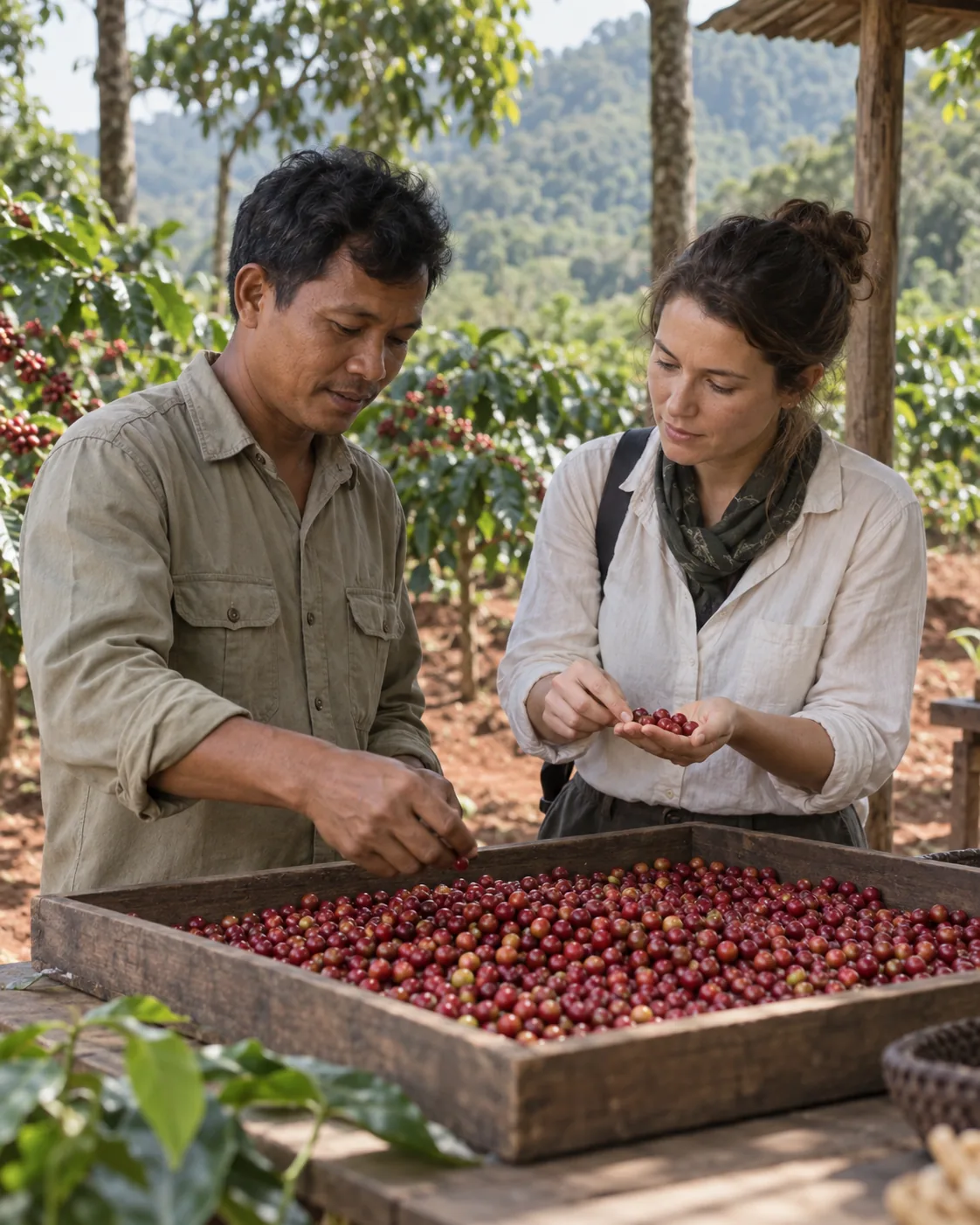 Cambodian producer and coffee buyer evaluating ripe cherries together