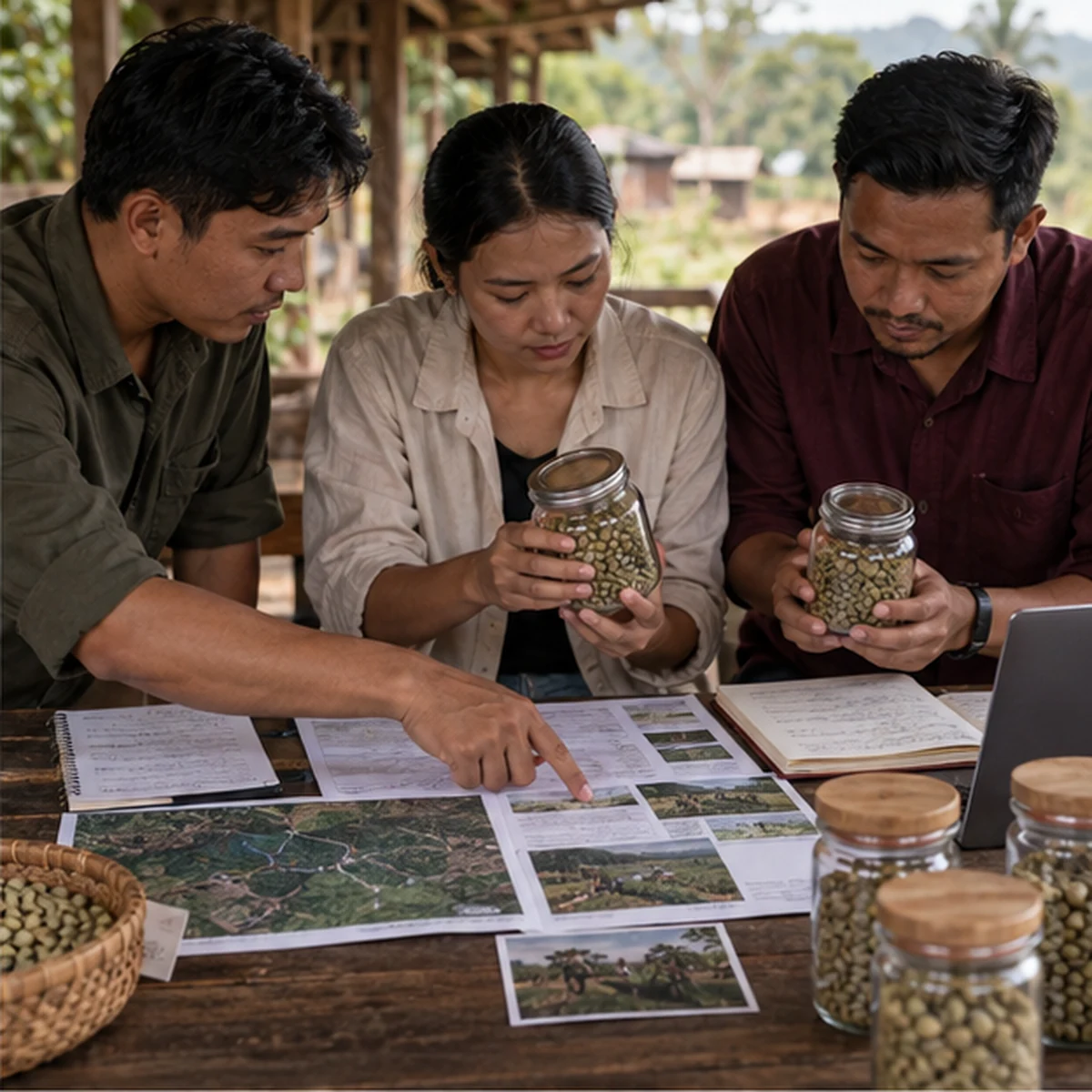 Coffee team reviewing Cambodian origin samples and field records.