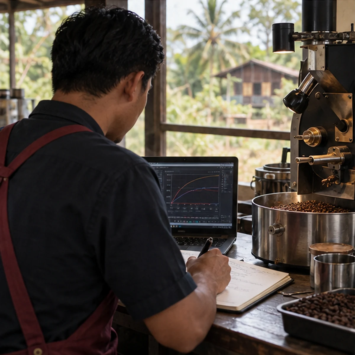 Coffee roaster reviewing development notes beside a roasting machine.