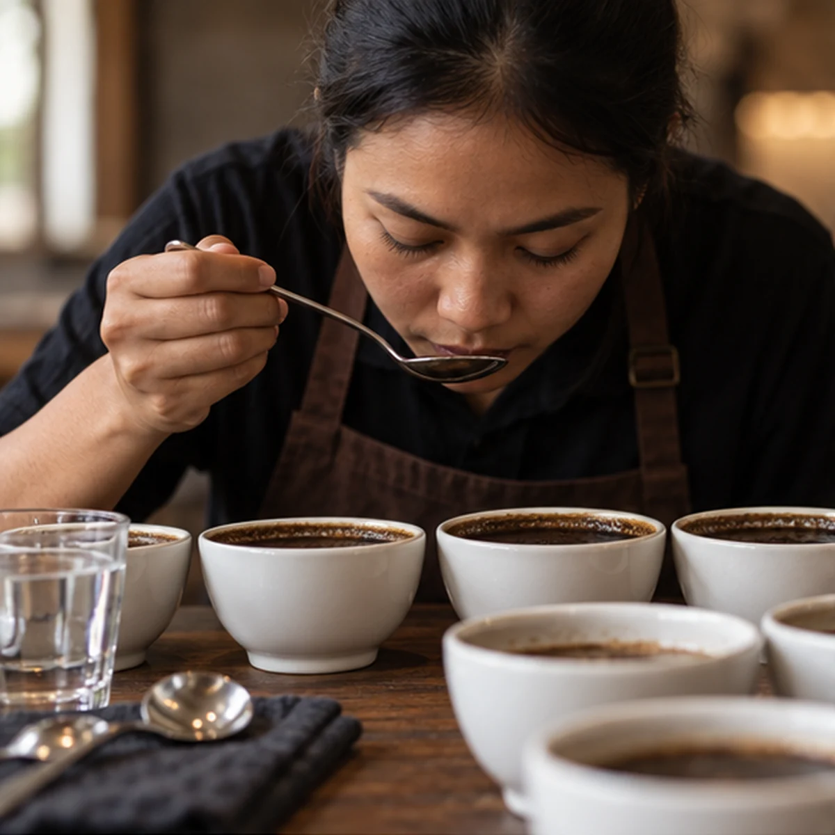 Coffee evaluator tasting a structured flight of cupping samples.