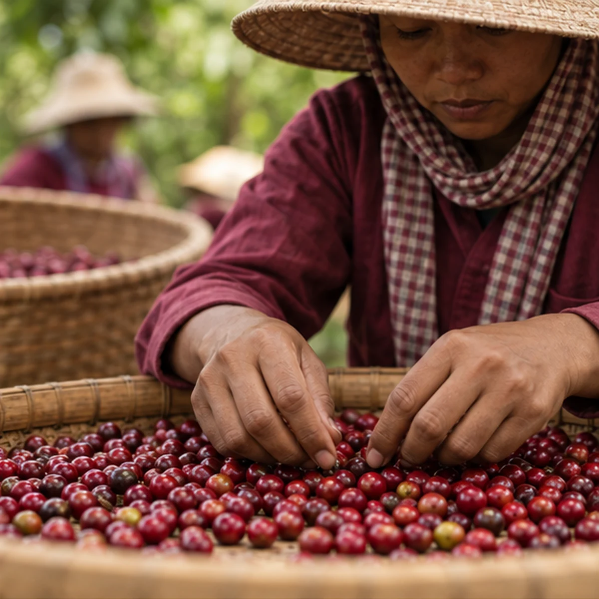 Coffee worker carefully sorting ripe red cherries by hand.