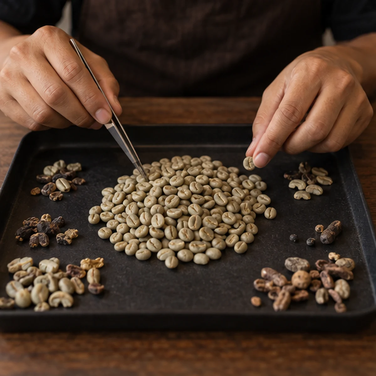 Green coffee beans being examined for physical defects.