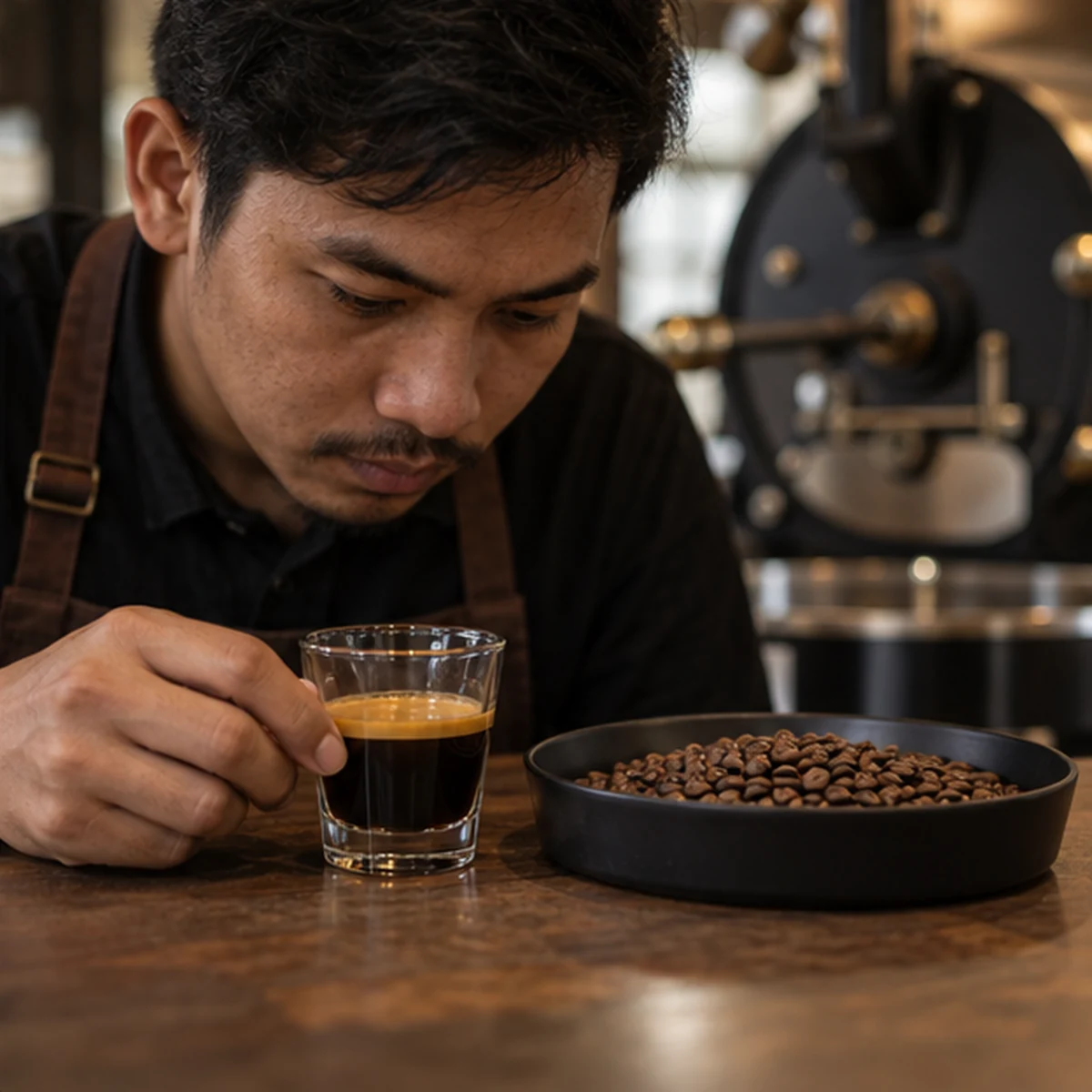Roaster evaluating espresso beside a roasted coffee sample.