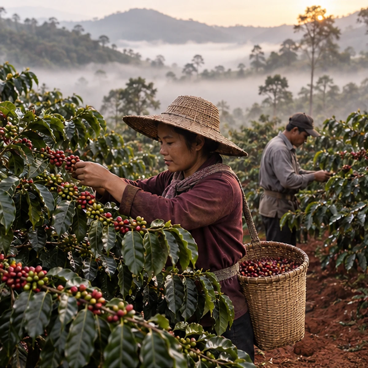 Coffee workers selecting ripe cherries on a Cambodian hillside farm.