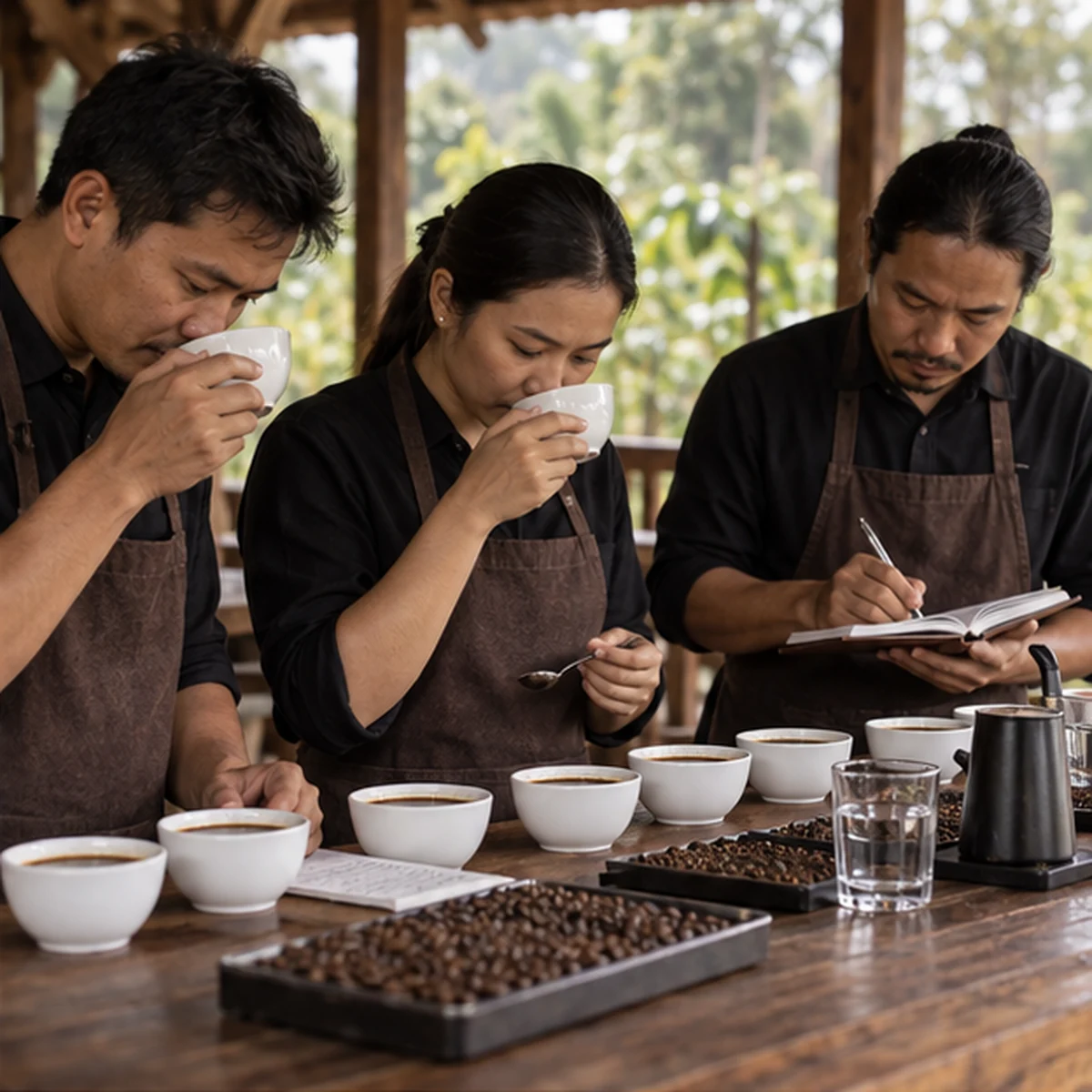 Coffee professionals tasting samples and recording sensory notes.