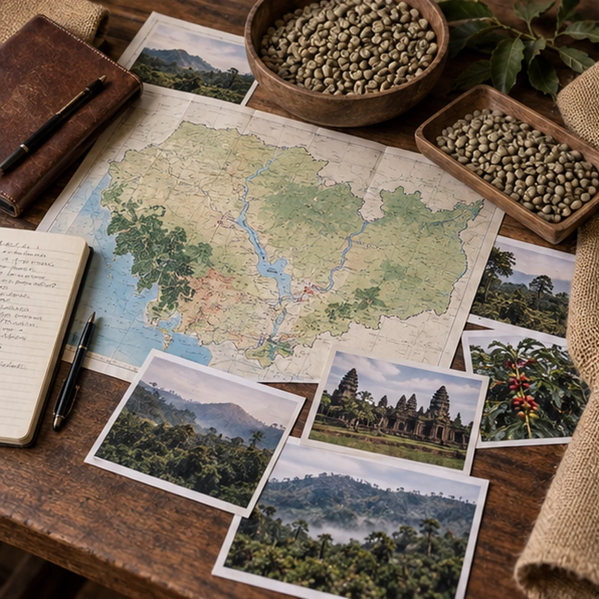 Origin map, field photographs, notes, and green coffee samples on a worktable.