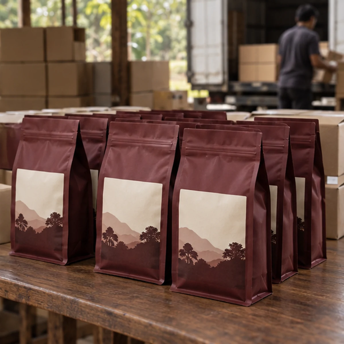 Finished coffee bags arranged for professional dispatch.