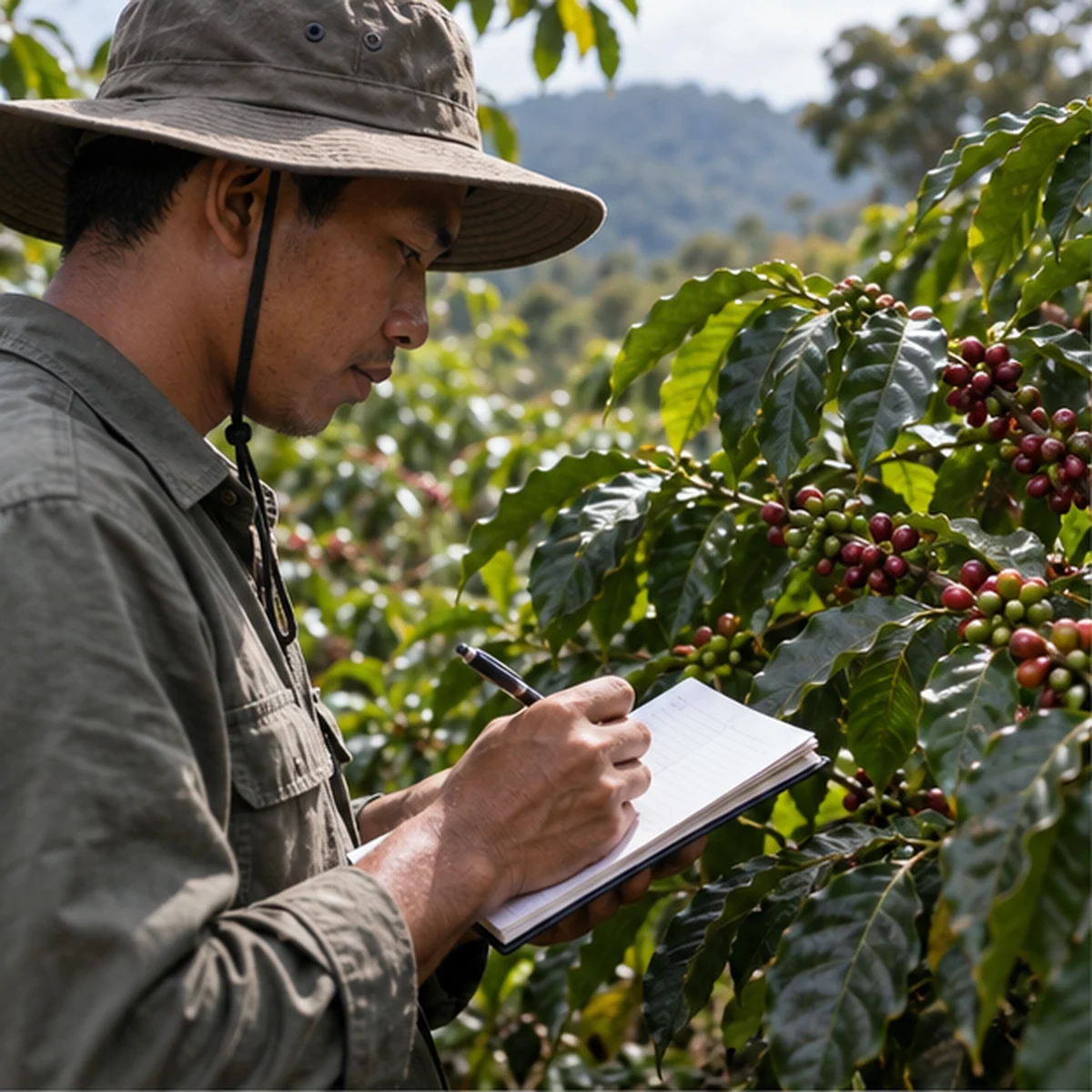 Field worker documenting observations beside coffee plants.