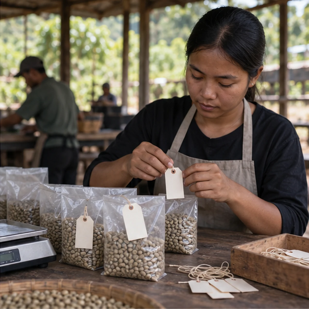 Green coffee sample bags receiving traceability tags at a worktable.