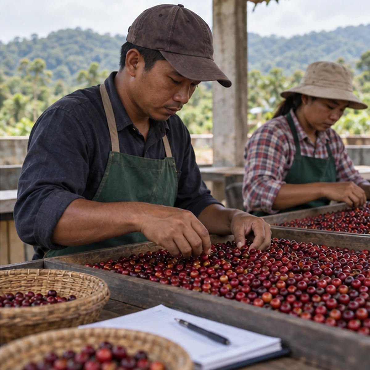 Coffee workers sorting ripe cherries beside written processing records.