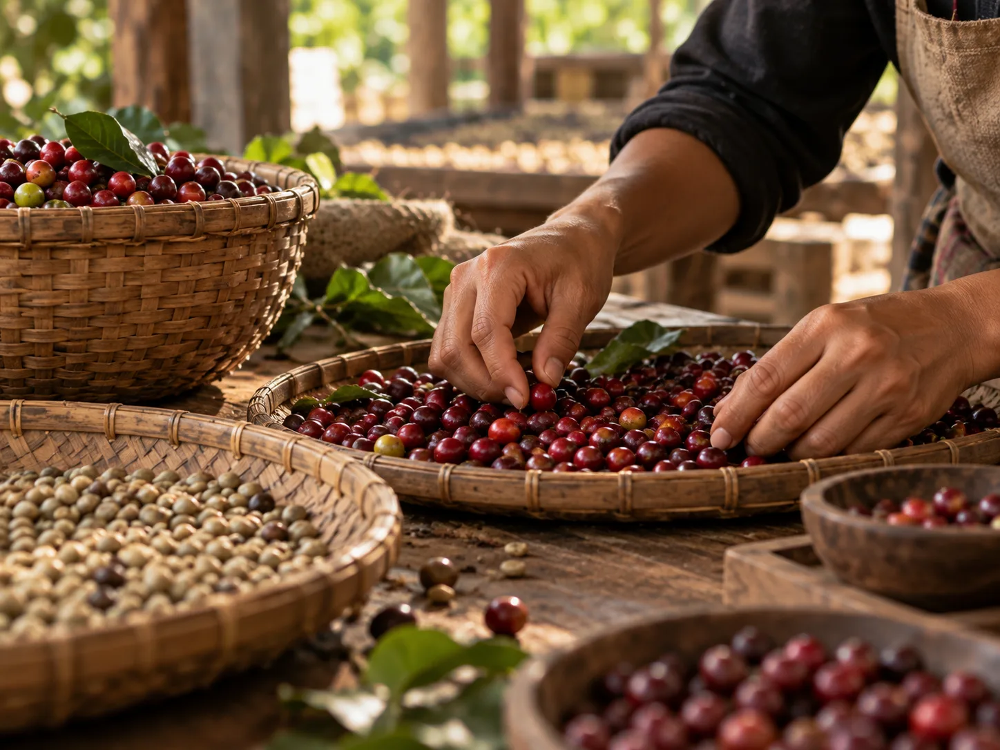 Illustrative hands sorting ripe coffee cherries on a wooden worktable.