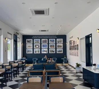 Blue and white café interior at Long Beach Coffeehouse