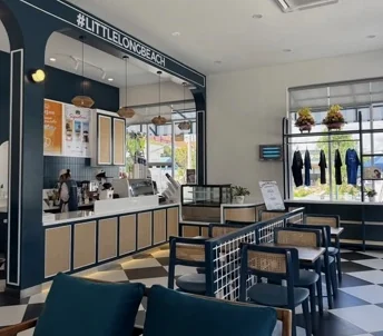 Long Beach coffee counter with blue accents