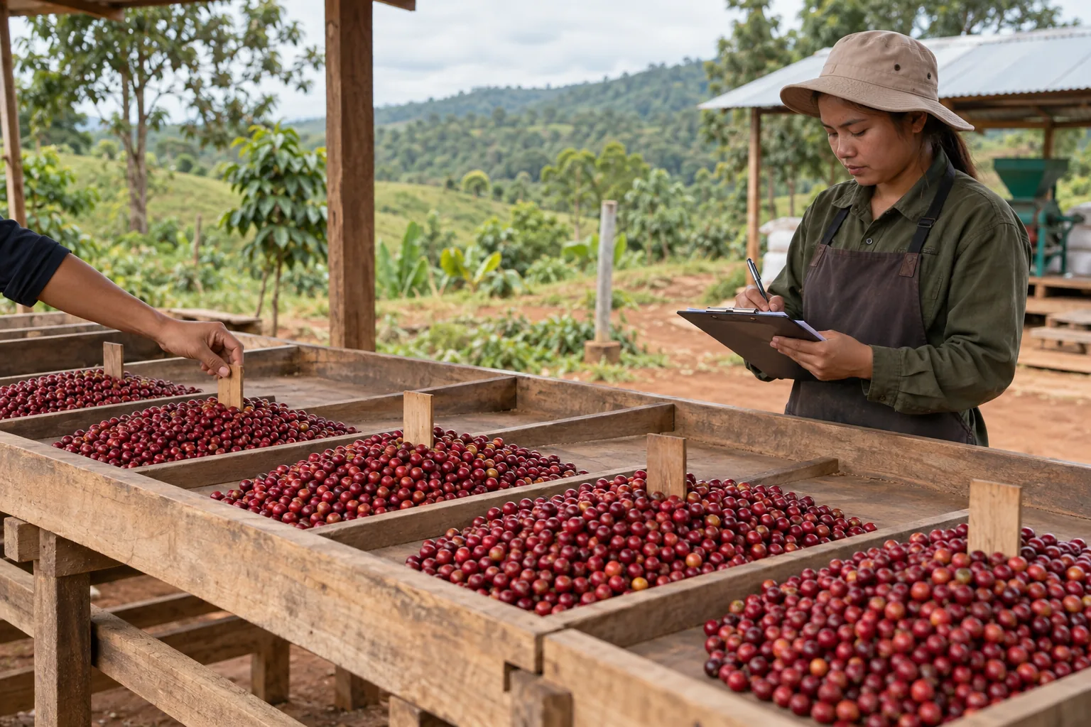 Coffee lot records connecting Cambodian origin with buyer supply information