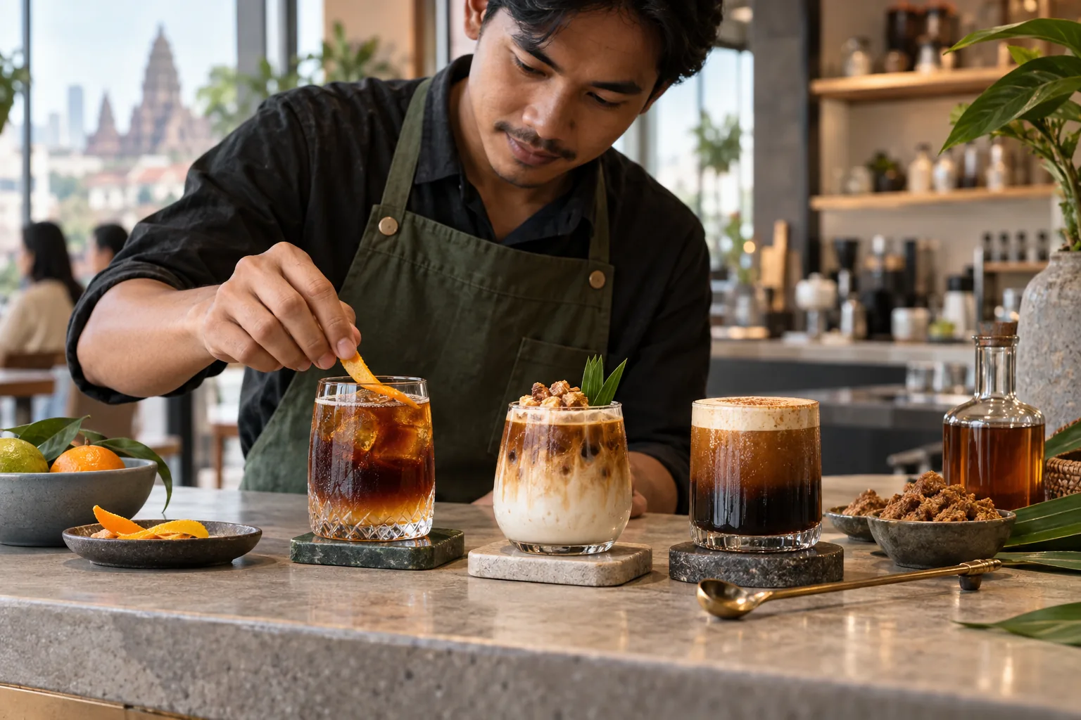 Barista developing three signature coffee drinks for a café menu