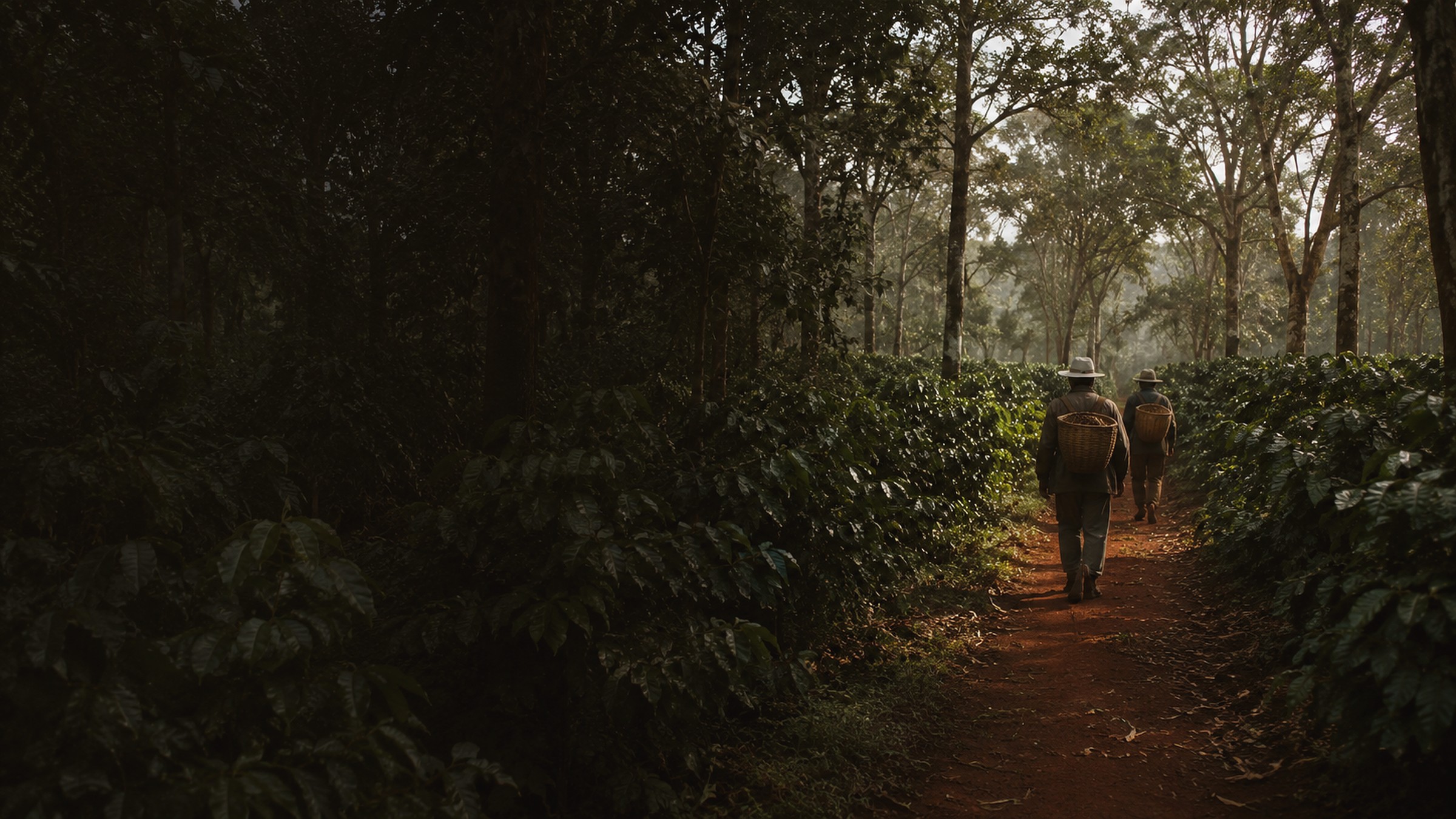 Coffee farmers walking through a Cambodian coffee landscape