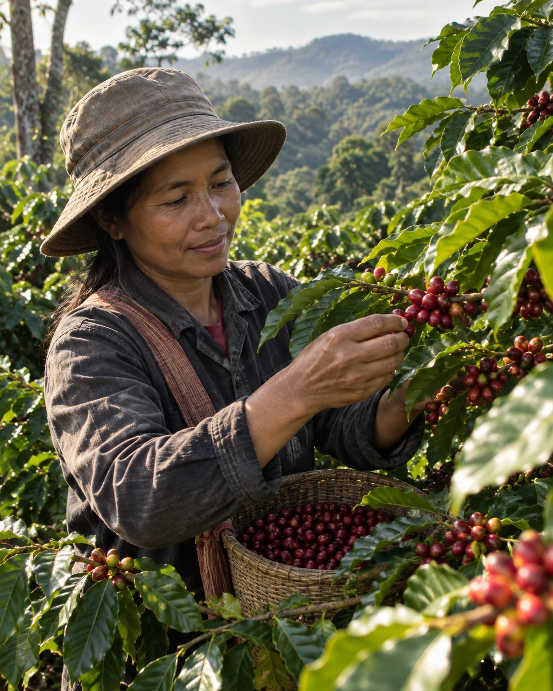 Coffee worker harvesting ripe cherries in Mondulkiri, Cambodia