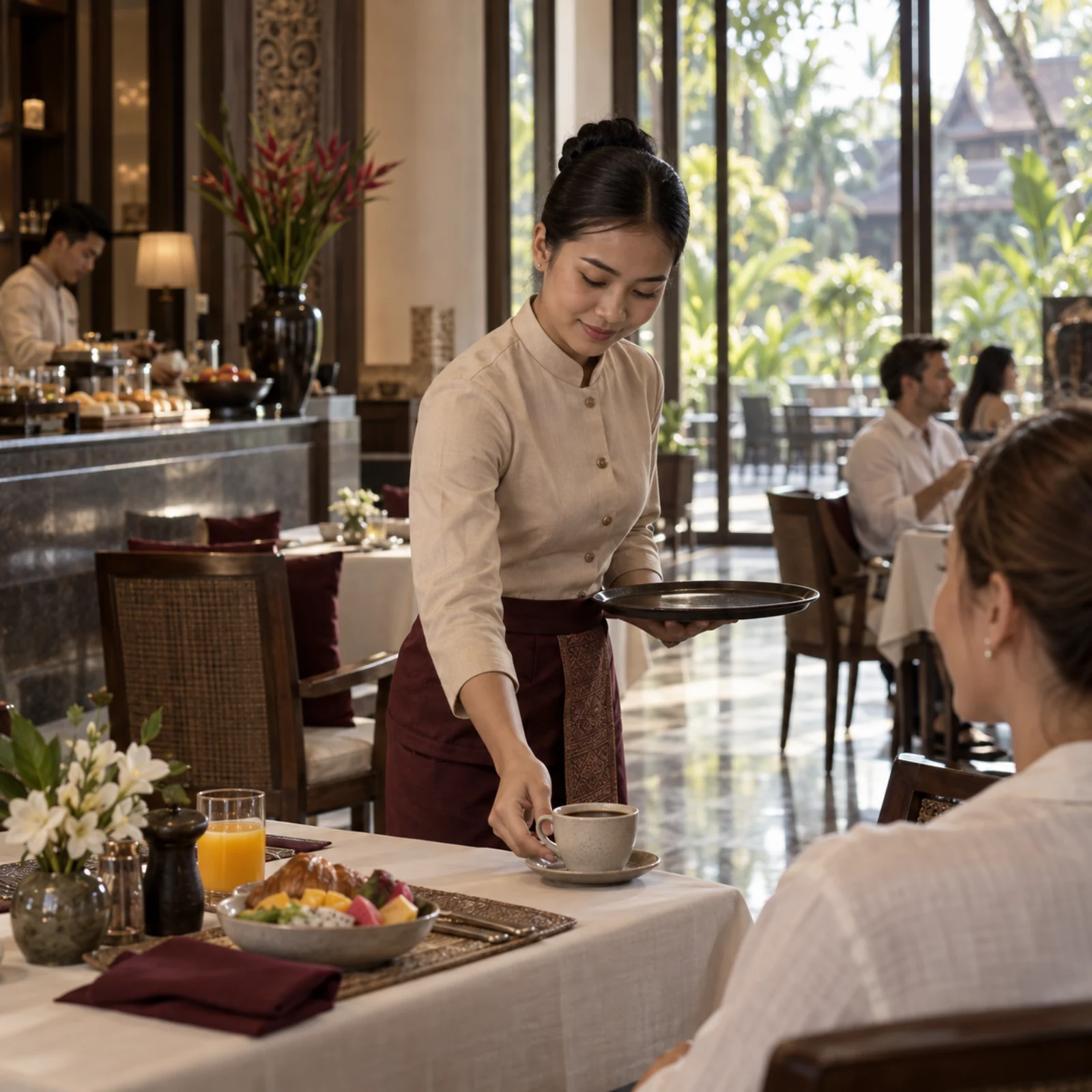 Hotel hospitality setting for an Origin Coffee Cambodia (OCC.) Cambodia-origin coffee program