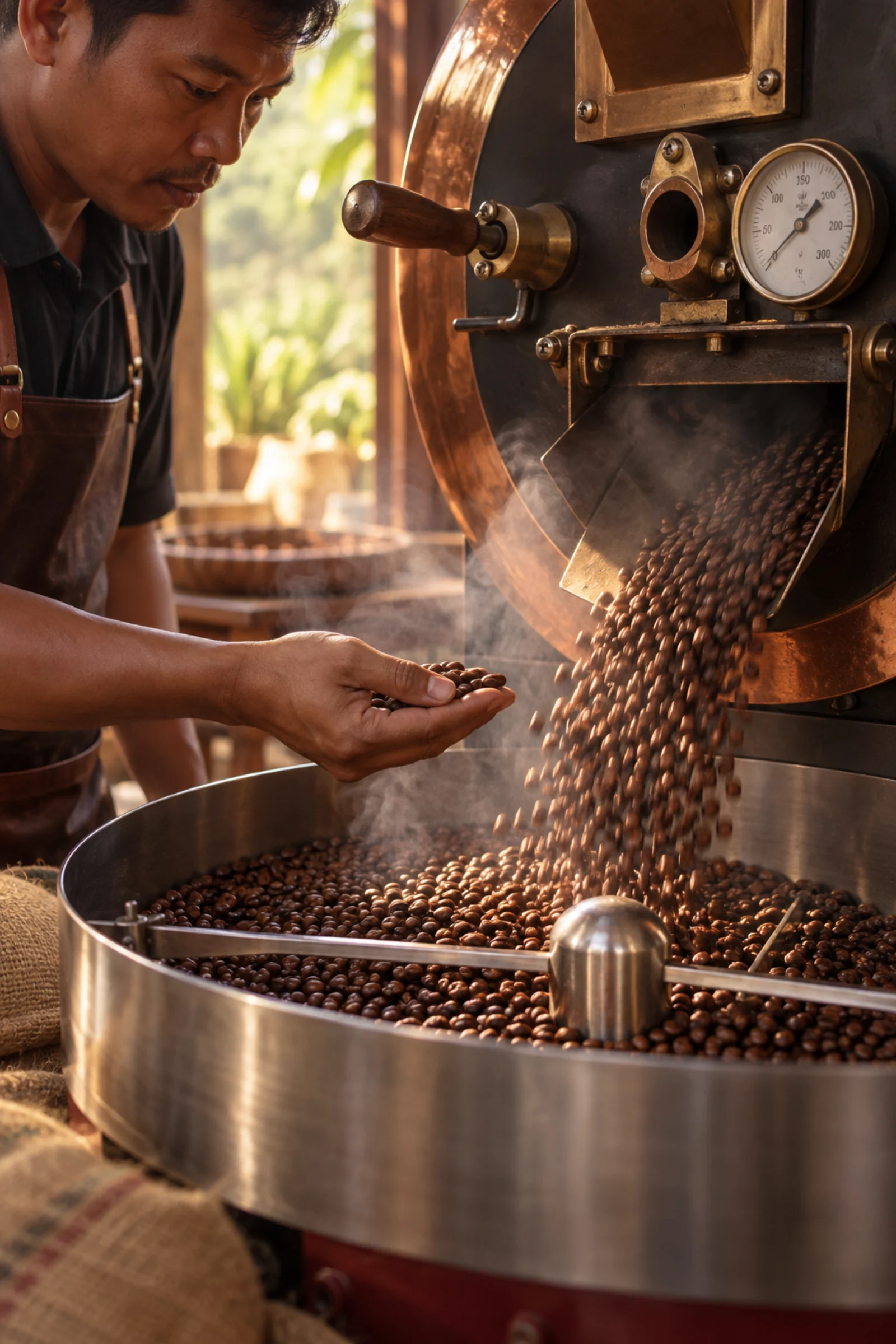 Freshly roasted Cambodian coffee beans cooling after profile production