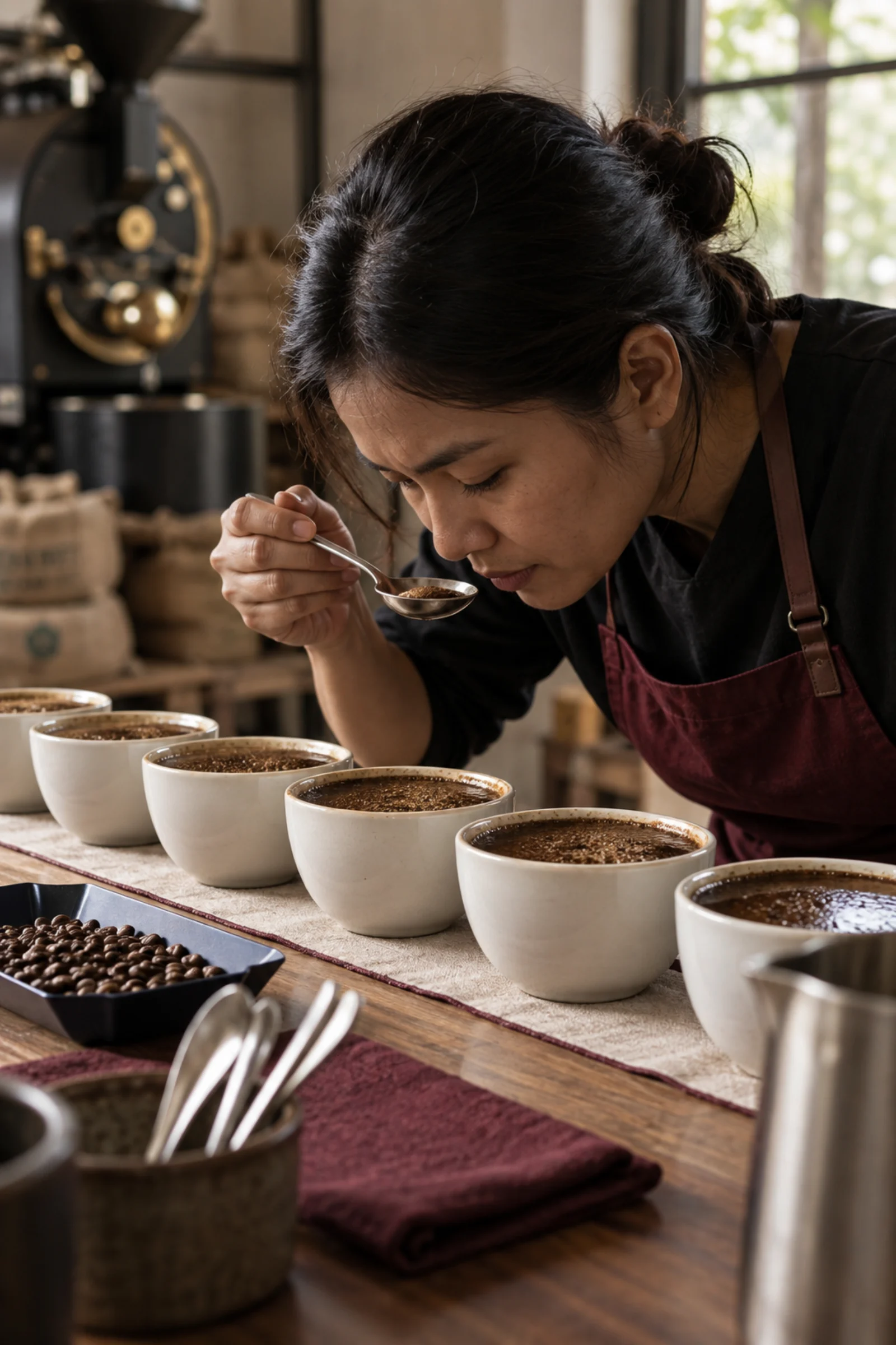 Coffee professional evaluating sample roasts at a cupping table